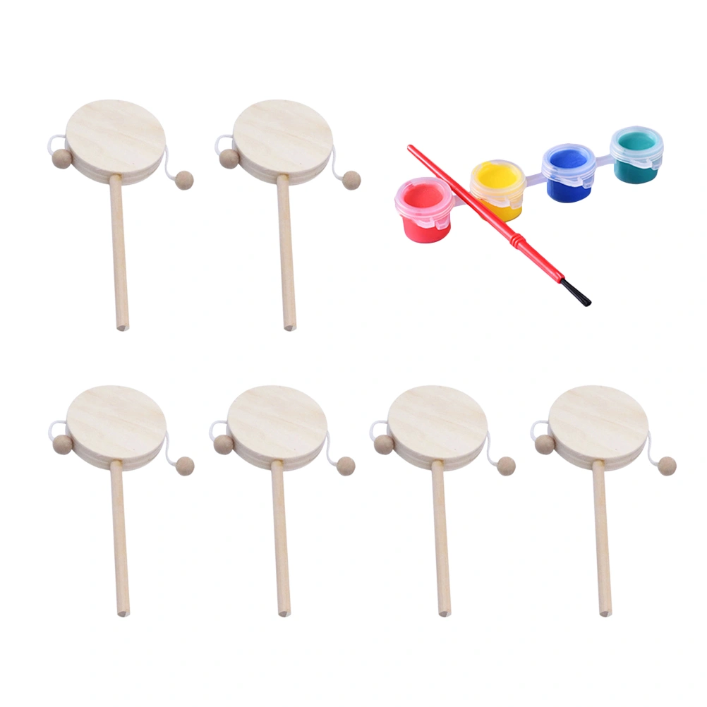 1 Set of 8pcs DIY Rattle-drum Wooden Unfinished Painting Shaking Drum Toy (6pcs Rattle-drum 1pc 4 Color Pigment 1pc Painting Brush)