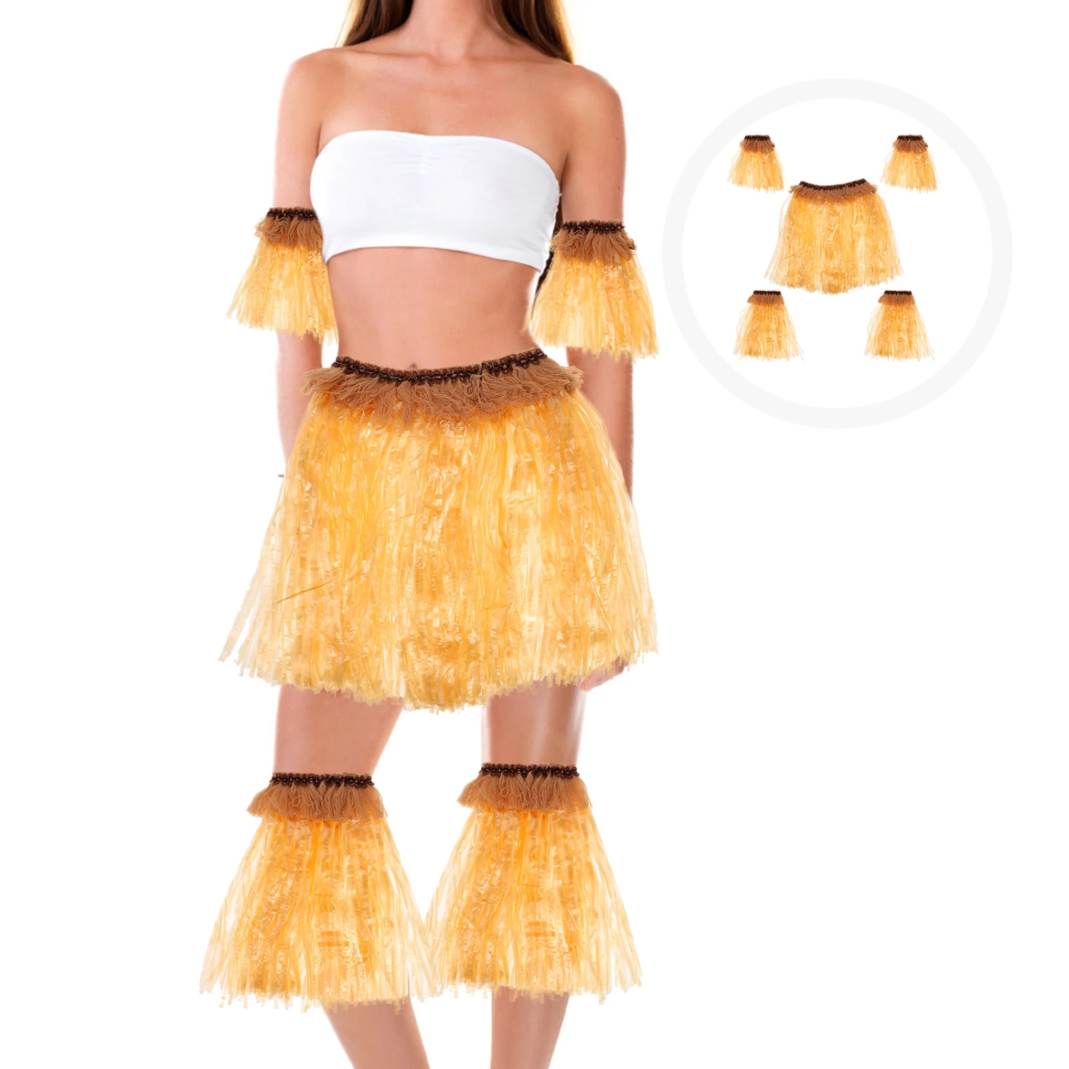 5pcs Hawaiian Fancy Grass Skirt Set Arm and Leg Bands Costume Elastic Costume Party Accessory (Straw Color)