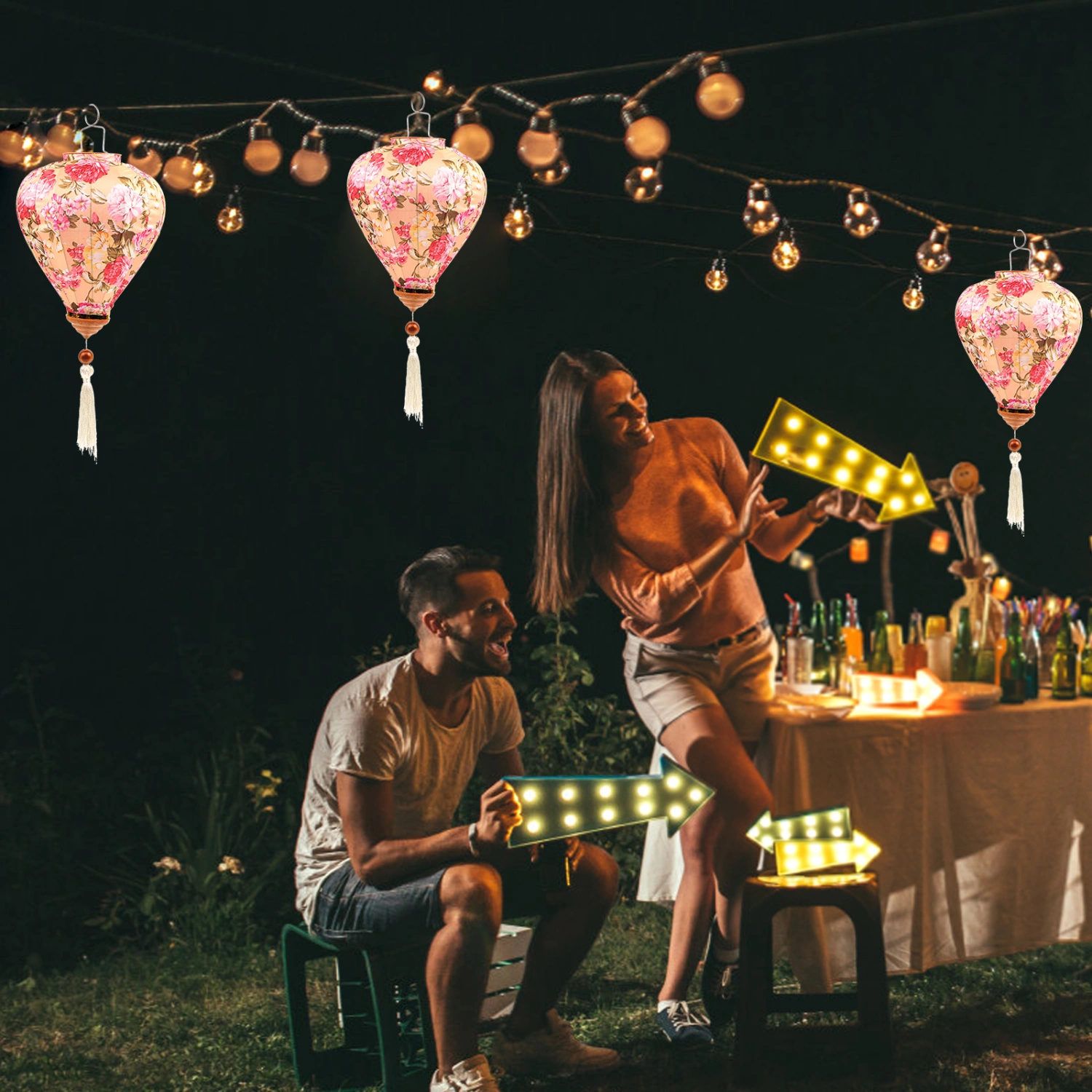 Floral Pattern Lantern Vietnam Lantern Mid-Autumn Silk Lanterns for Outdoor