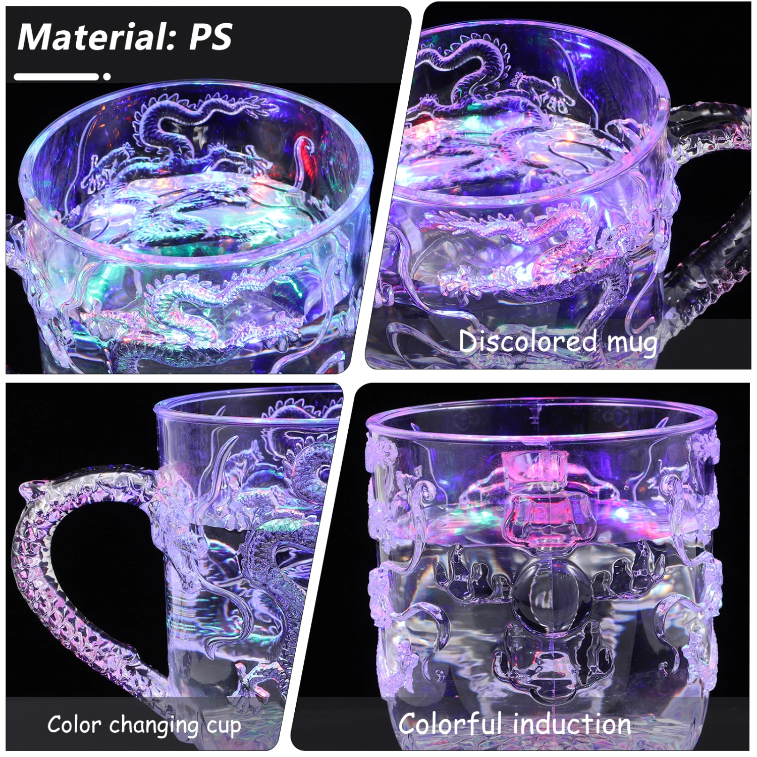 1pc LED Acrylic Flashing Colorful Induction Cup Mug Color Changing Sensitive Drinking Cup for Water Milk Tea Coffee Drinks Dragon Pattern(285ML)