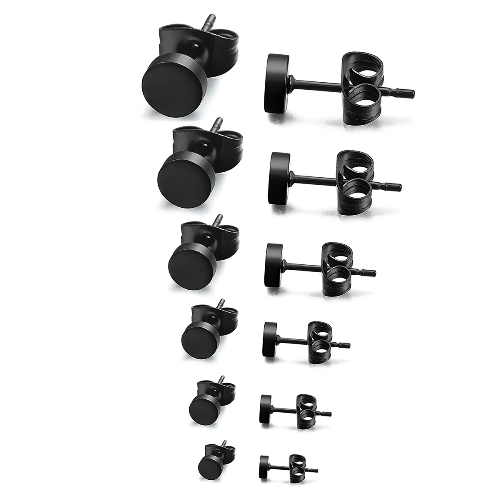 6 Pair Surgical Steel Oblate Ear Piercing Earrings Stud with Size 3mm 4mm 5mm 6mm 7mm 8mm for Men Ear Jewelry Decoration (Black)