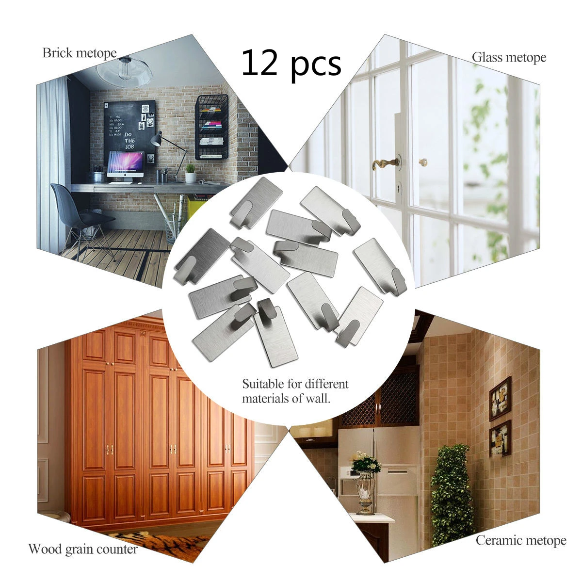 NUOLUX 12pcs Adhesive Stainless Steel Towel Hooks Towel Racks Wall Hooks for Kitchen Bathroom