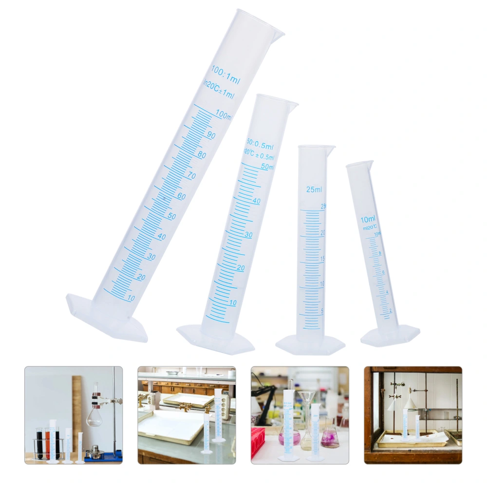 4pcs Transparent Measuring Plastic Graduated Cylinder 10ml / 25ml / 50ml / 100ml