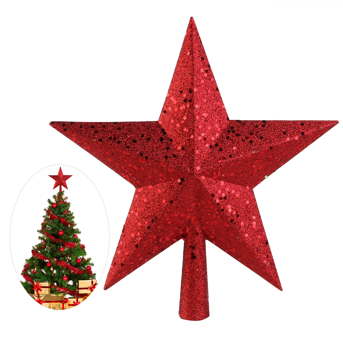 NICEXMAS 9 inch Treasures Red Glittered Mini Star Christmas Tree Topper