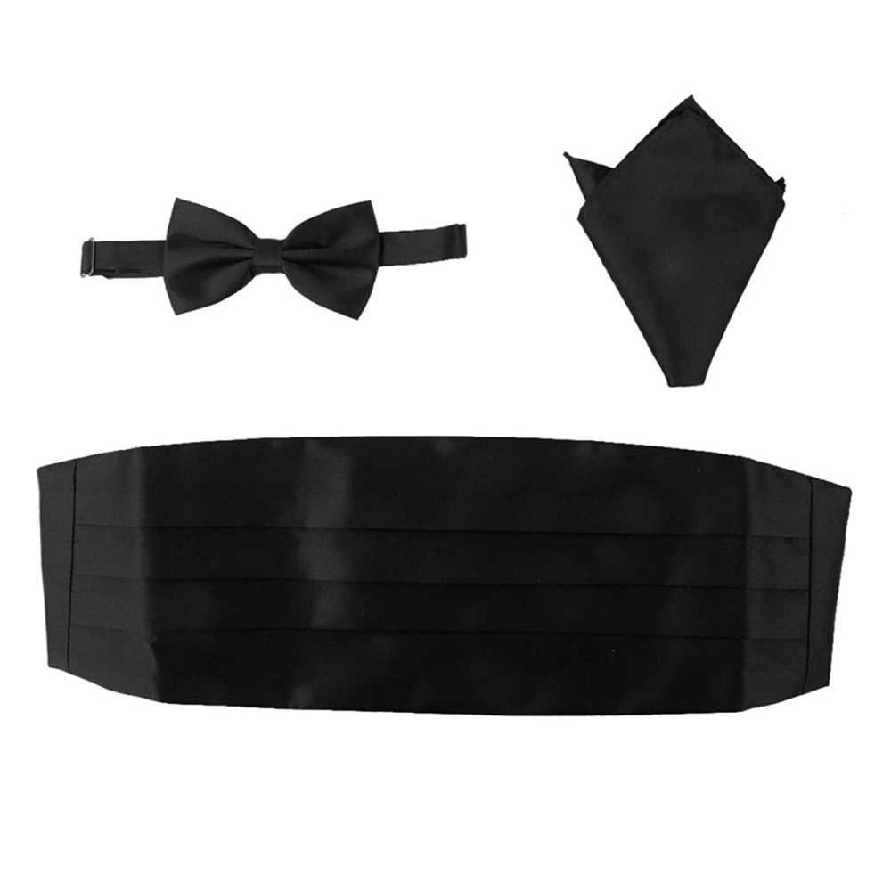 3pcs Men's Satin Bow Tie Cummerbund Hanky Handkerchief (Black)