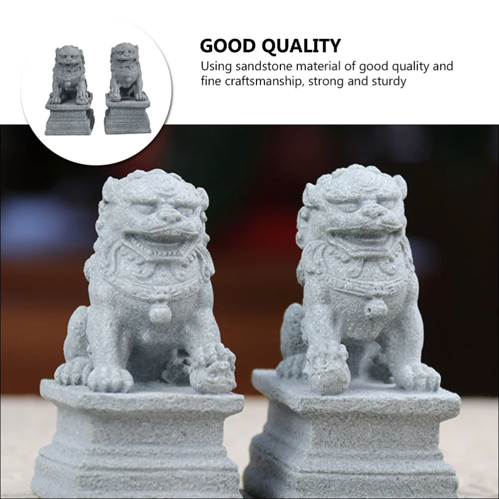 2Pcs Mini Stone Lion Decor Chinese Style Lion Statue Desktop Feng Shui Adornment