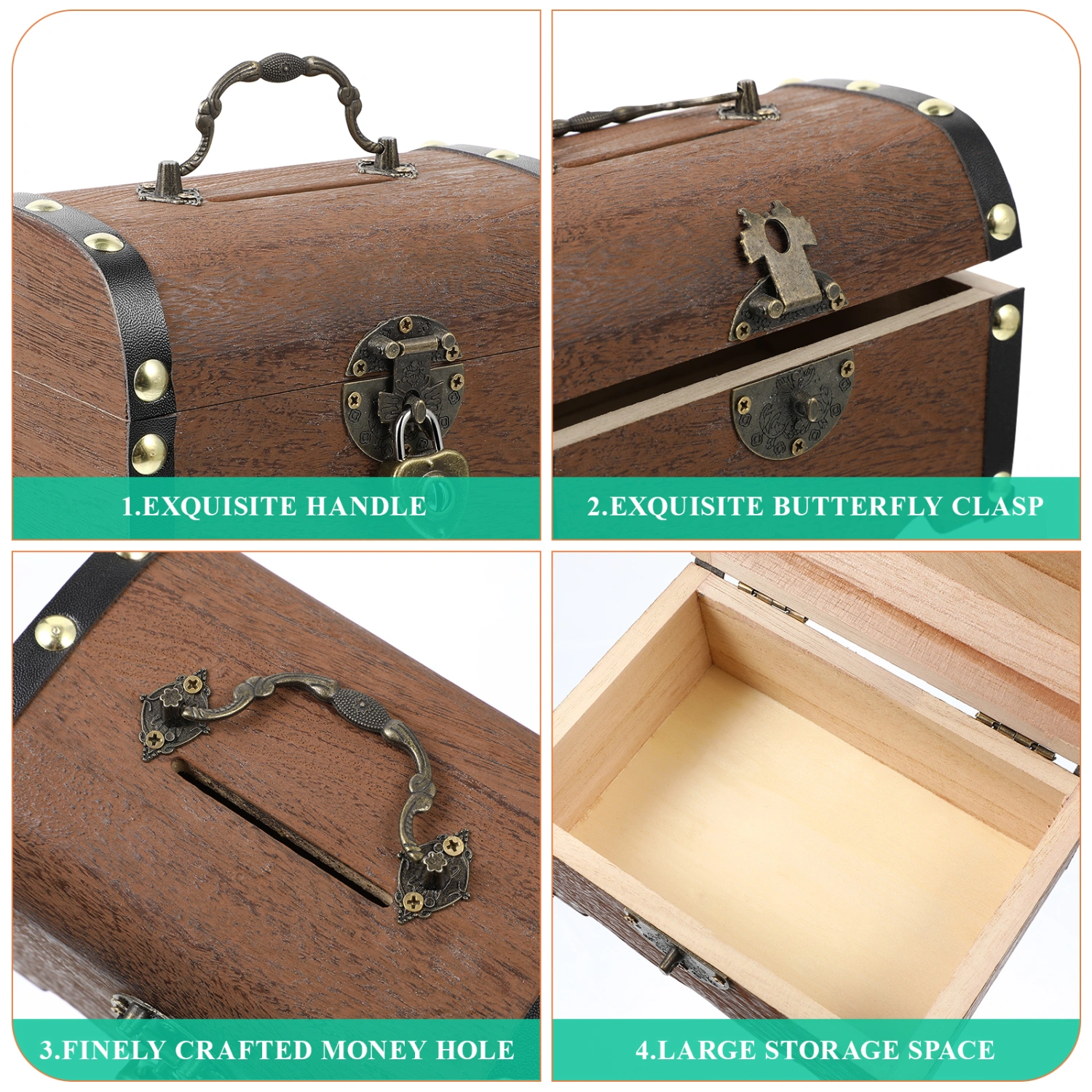VORCOOL Vintage Treasure Storage Box Piggy Bank Organizer Wooden Treasure Chest Box Decorative Wood Storage Trunk with Lock