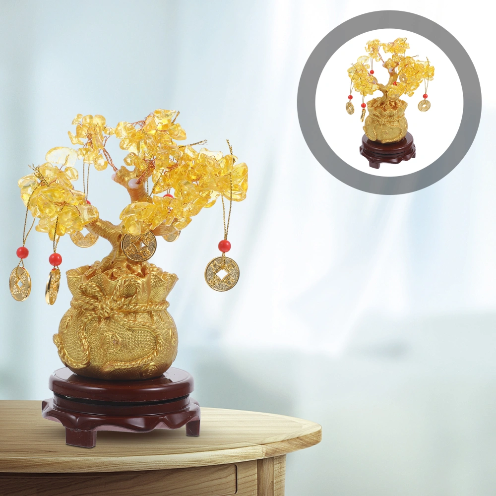 1PC 19cm Natural Crystal Tree Money Tree Ornaments Bonsai Style Wealth Luck Feng Shui Ornaments Home Decoration (with Gold Coins and Base)