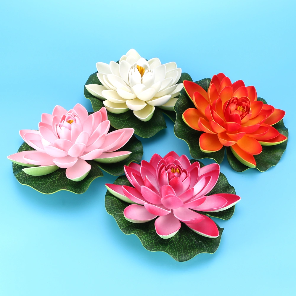 4PCS 17CM Simulation Floating Water Lily Plastic Lotus Flower Pond Fish Tank Decor Ornaments (White + Orange + Red + Pink)