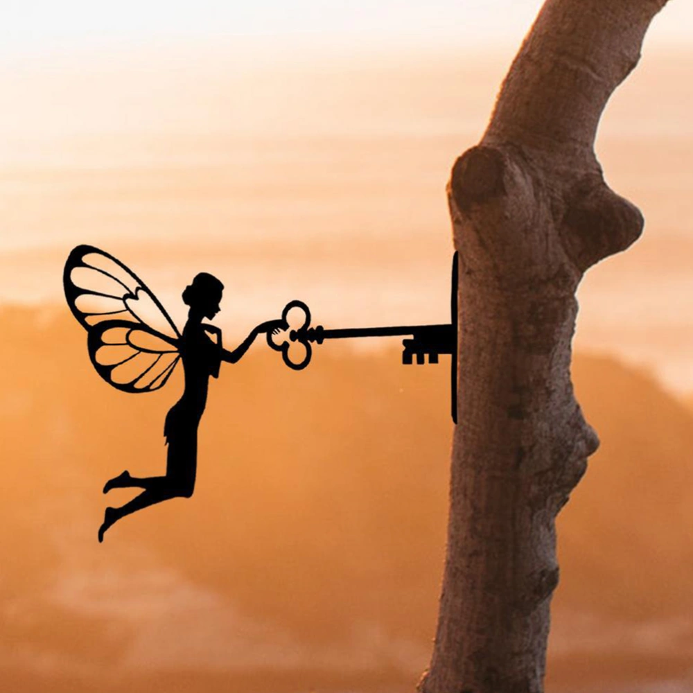 Fairy Holding A Key Iron Silhouette Wall Art Home Garden Yard Patio Fairy Statue Decoration