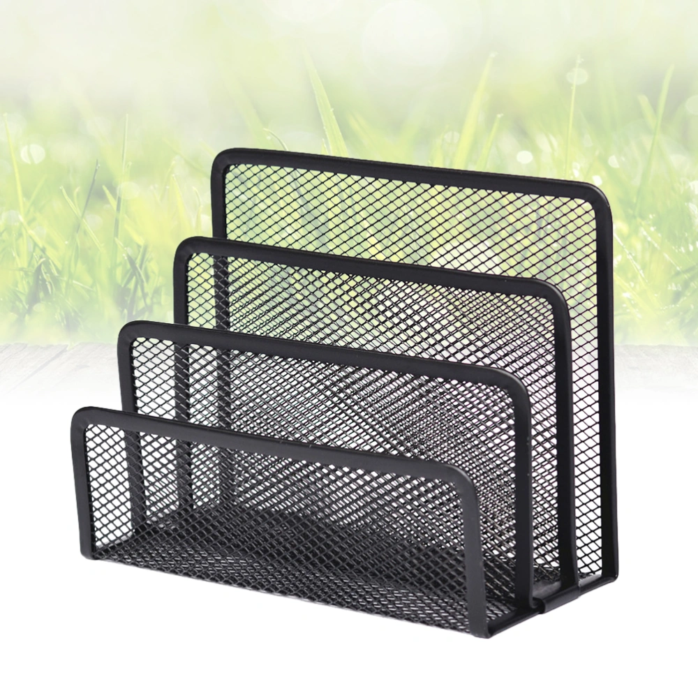 Metal Mesh File Magazine Holder Desktop Organizer 4 Compartments for Home Office (Black)