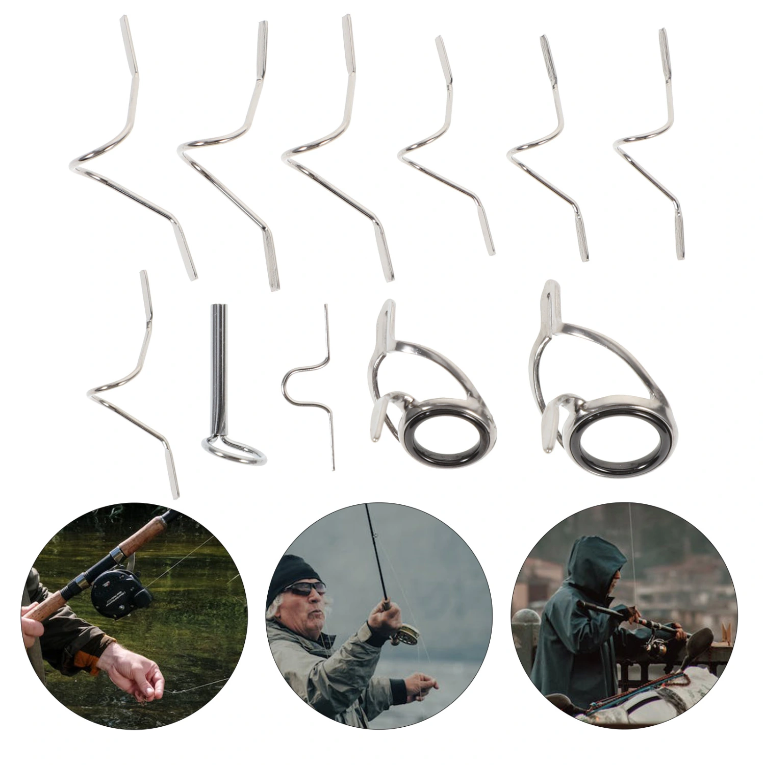 11Pcs Fly Fishing Rod Guide Tip Repair Kit Set DIY Eye Rings Different Size Stainless Steel Frames Fly Rod Guide Set