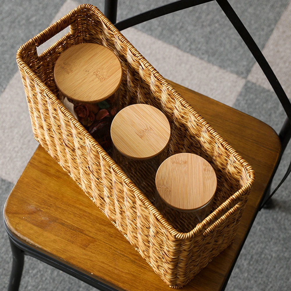 Imitation Rattan Weave Basket Desktop Finishing Basket Hollow Handle Basket