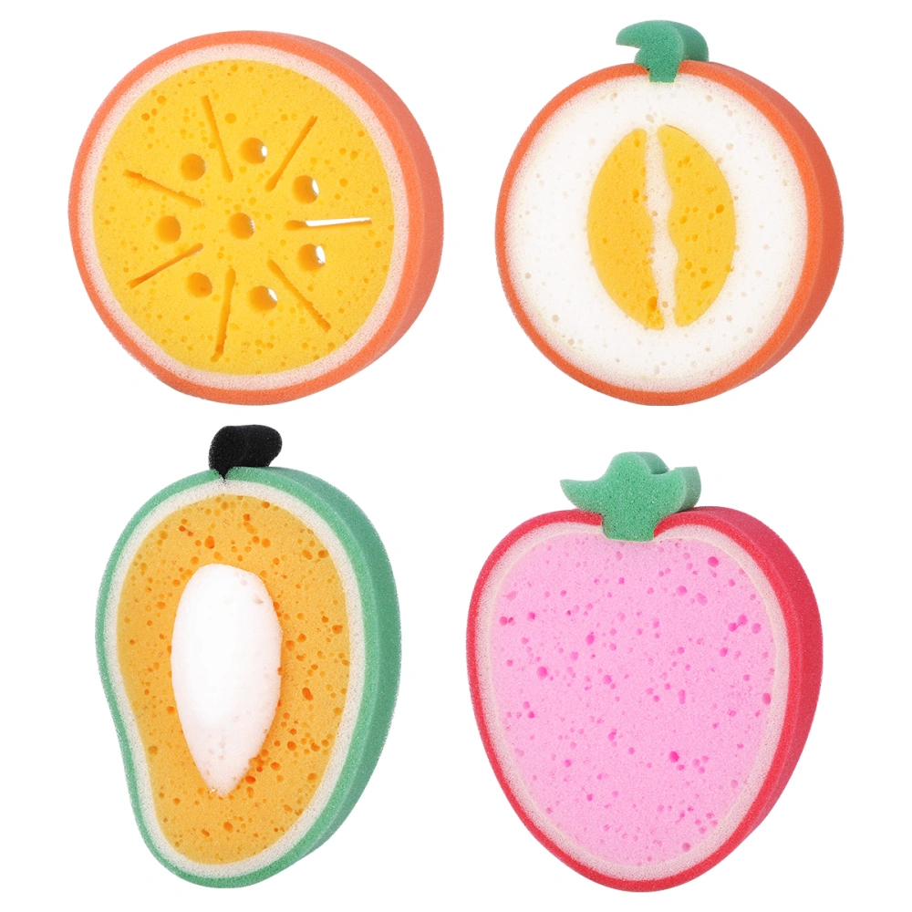 4pcs Fruit Shaped Bath Sponge Bath Brushes Sponges Scrubbers Bathing Tools for Kids Children (Mango + Honey-dew Melon + Orange + Strawberry)