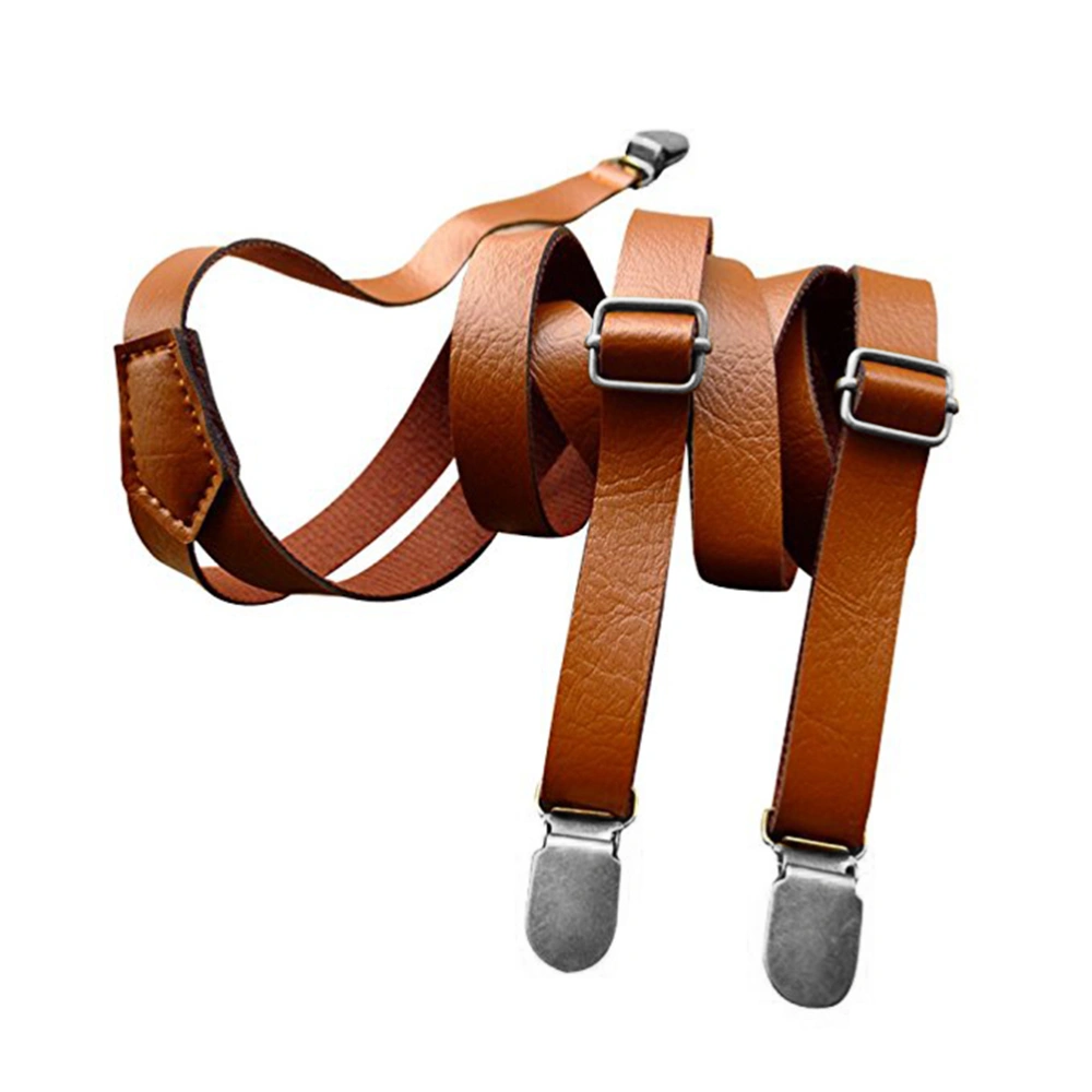 Fully Adjustable Clip On Suspender Stylish Dress PU Leather Suspenders for Women Men (Brown)