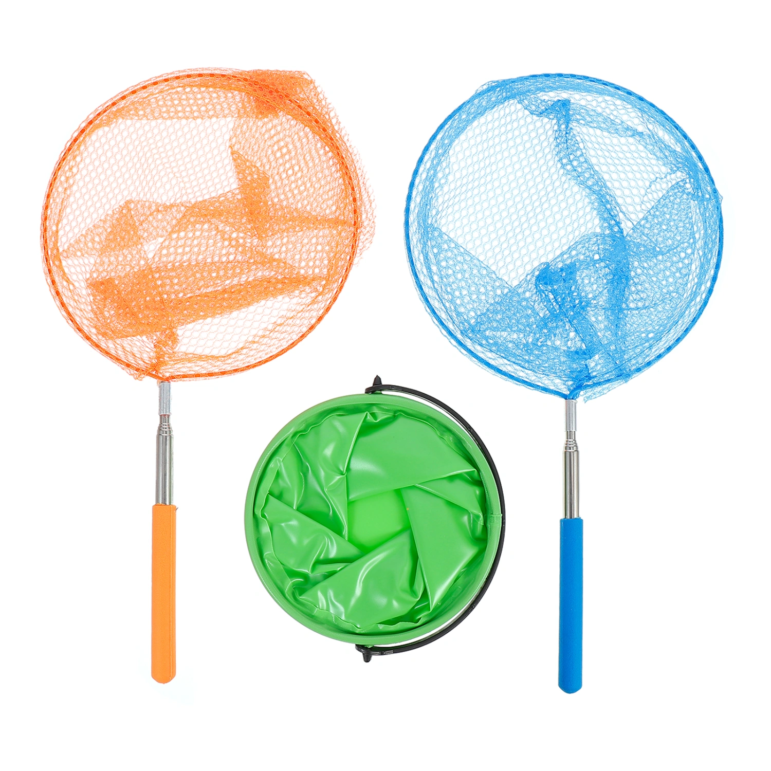 3PCS Children's Fishing Nets and Catching Insects Stainless Steel Telescopic Nets(Orange + Light Blue + Green Folding Bucket)