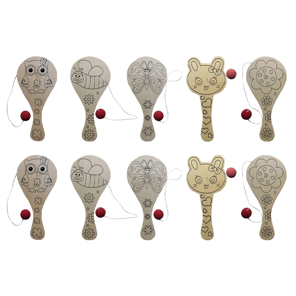 10PCS Hand-Painted Wooden Racket Kids Ball Game Props Children Cartoon DIY Painting Graffiti Toy for Kindergarten (Mixed Style)
