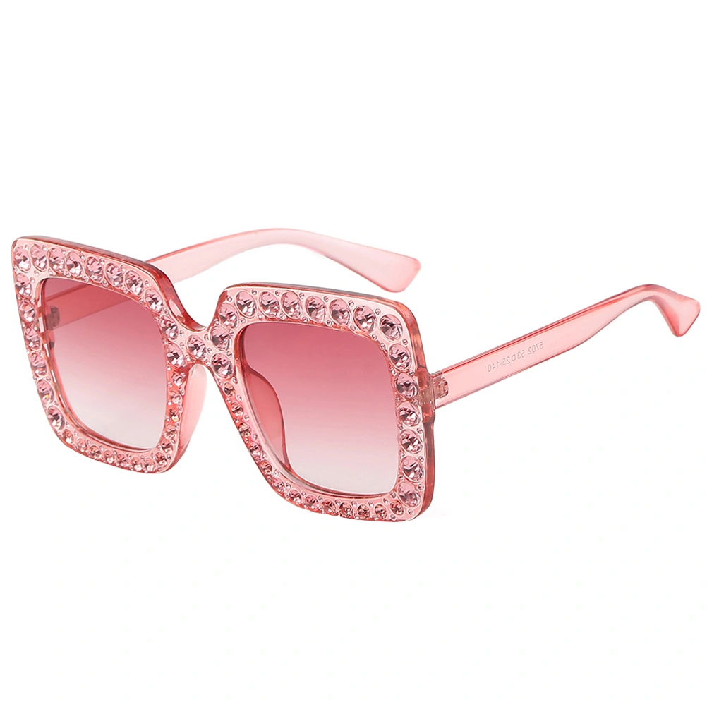 Women Oversized Square Crystal Rhinestone Thick Frame Sunglasses UV Protection Sunglasses (Pink Frame Pink Lens)