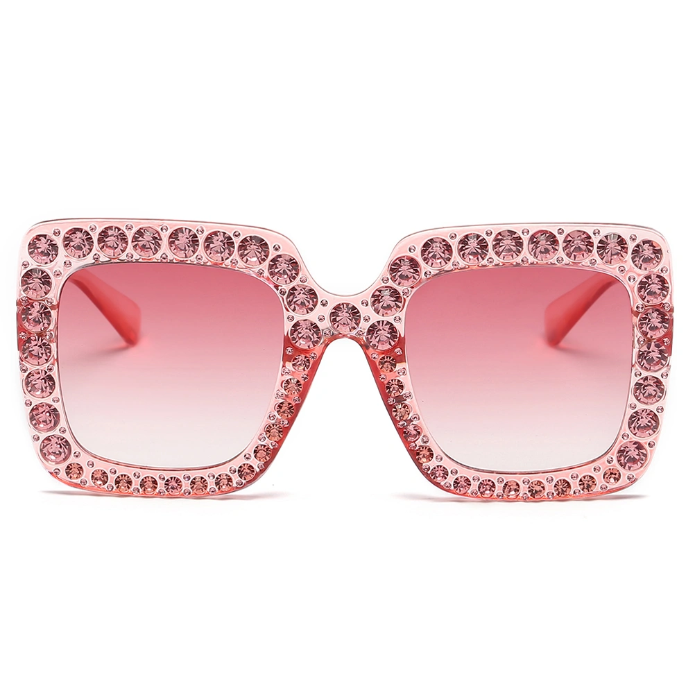 Women Oversized Square Crystal Rhinestone Thick Frame Sunglasses UV Protection Sunglasses (Pink Frame Pink Lens)