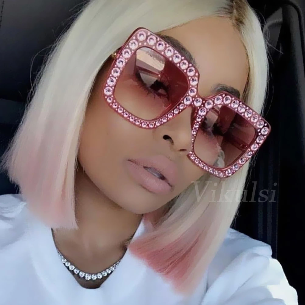 Women Oversized Square Crystal Rhinestone Thick Frame Sunglasses UV Protection Sunglasses (Pink Frame Pink Lens)