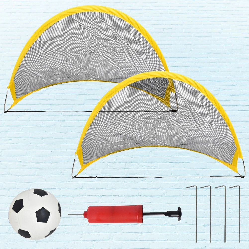 Football Plaything Set 2 Pcs Mini Kids Soccer Goal Net with 1Pc Football 1pc Inflator and 4 Pcs Iron Nail for Kids Outdoor Training Game Toy (68CM Net)