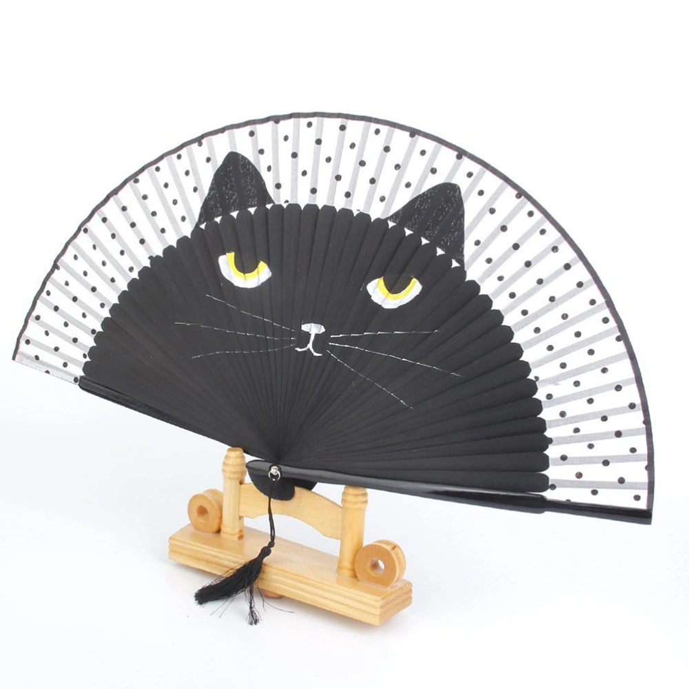 Summer Cat Silk Bamboo Hand Painted Cartoon Cat Folding Fan Party Favour (Black)