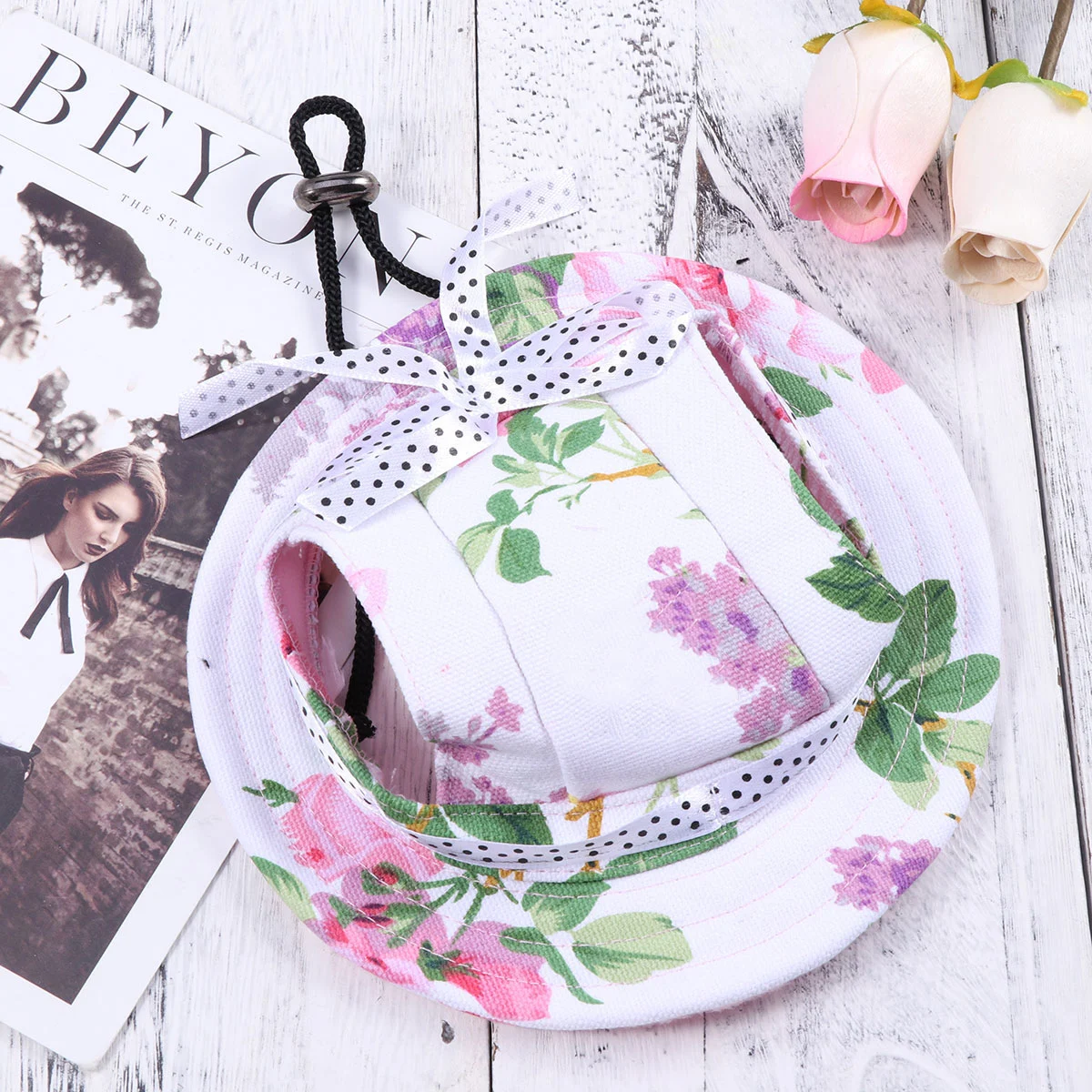 Pet Dog Canvas Hat Sun-shading with Ear Holes for Small Dogs - Size M (Floral Print)