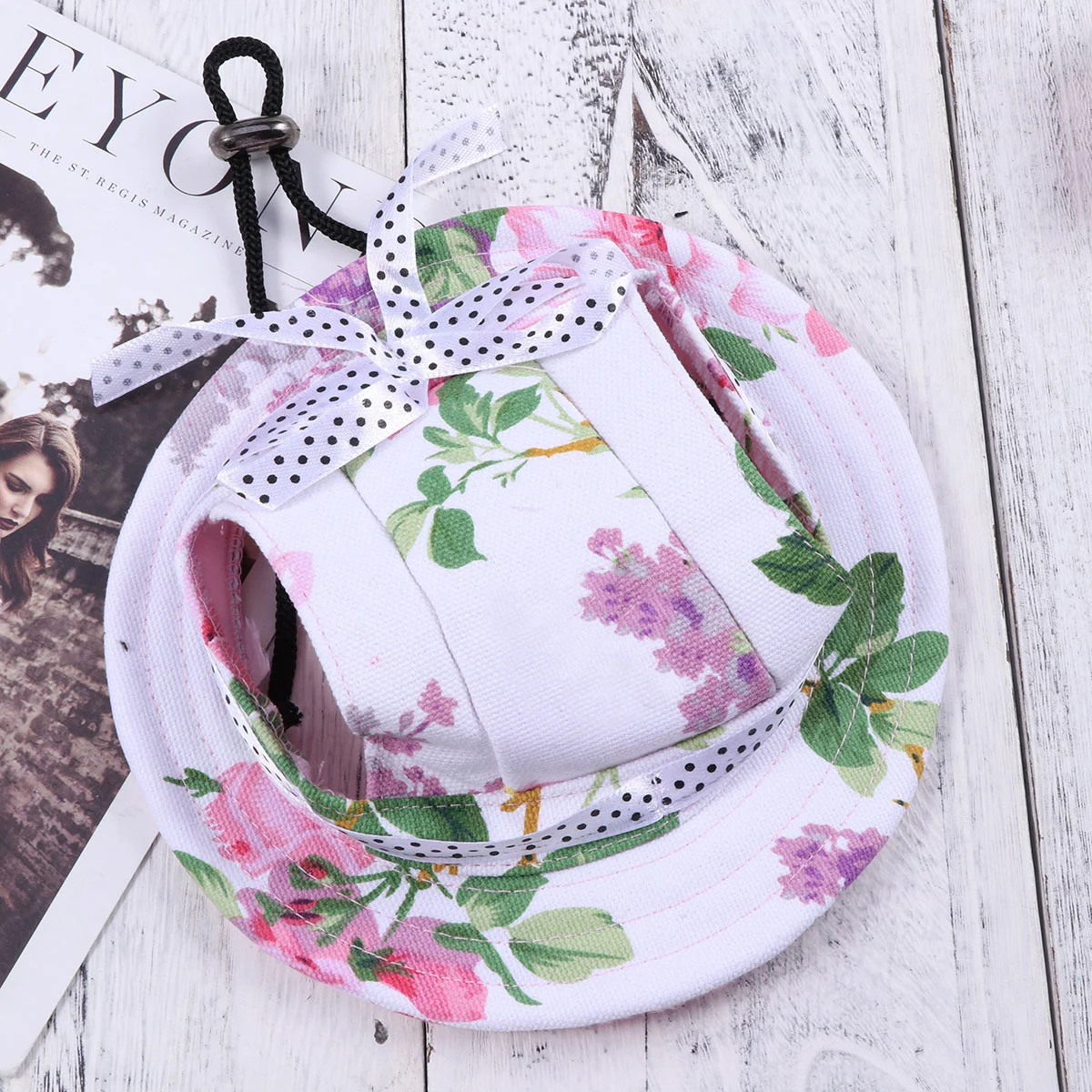 Pet Dog Canvas Hat Sun-shading with Ear Holes for Small Dogs - Size M (Floral Print)