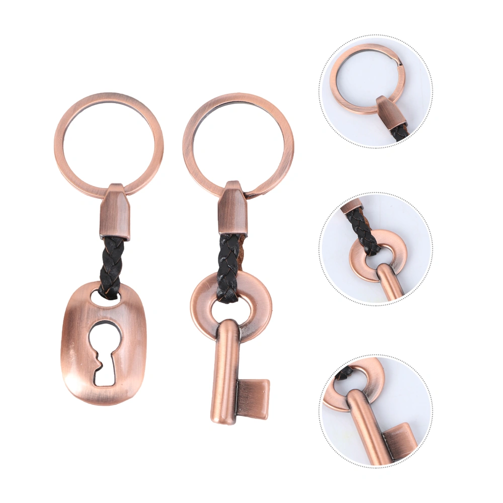 2 Pcs Creative Fashion Leather Couple Keychain Key Chain Ring Keyring Key Lock Gift (Red Bronze)