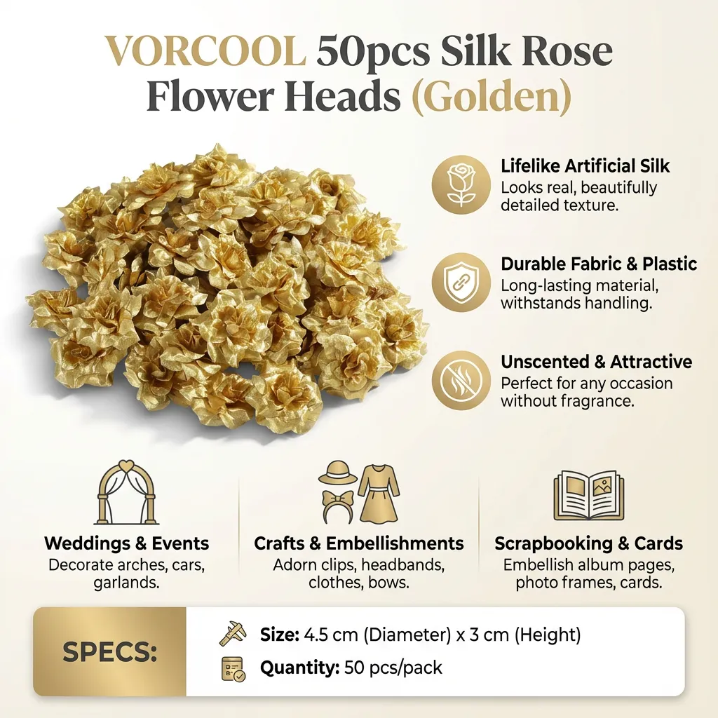 VORCOOL 50pcs Silk Rose Flower Heads for Hat Clothes Album Embellishment 4.5CM (Golden)