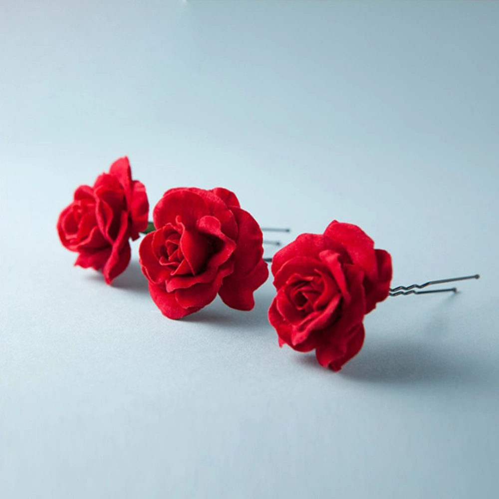 6pcs Red Rose Flower Hair Sticks Bride Bridesmaid Hair Accessories U-shaped Updo Hair Chopsticks for Wedding Party