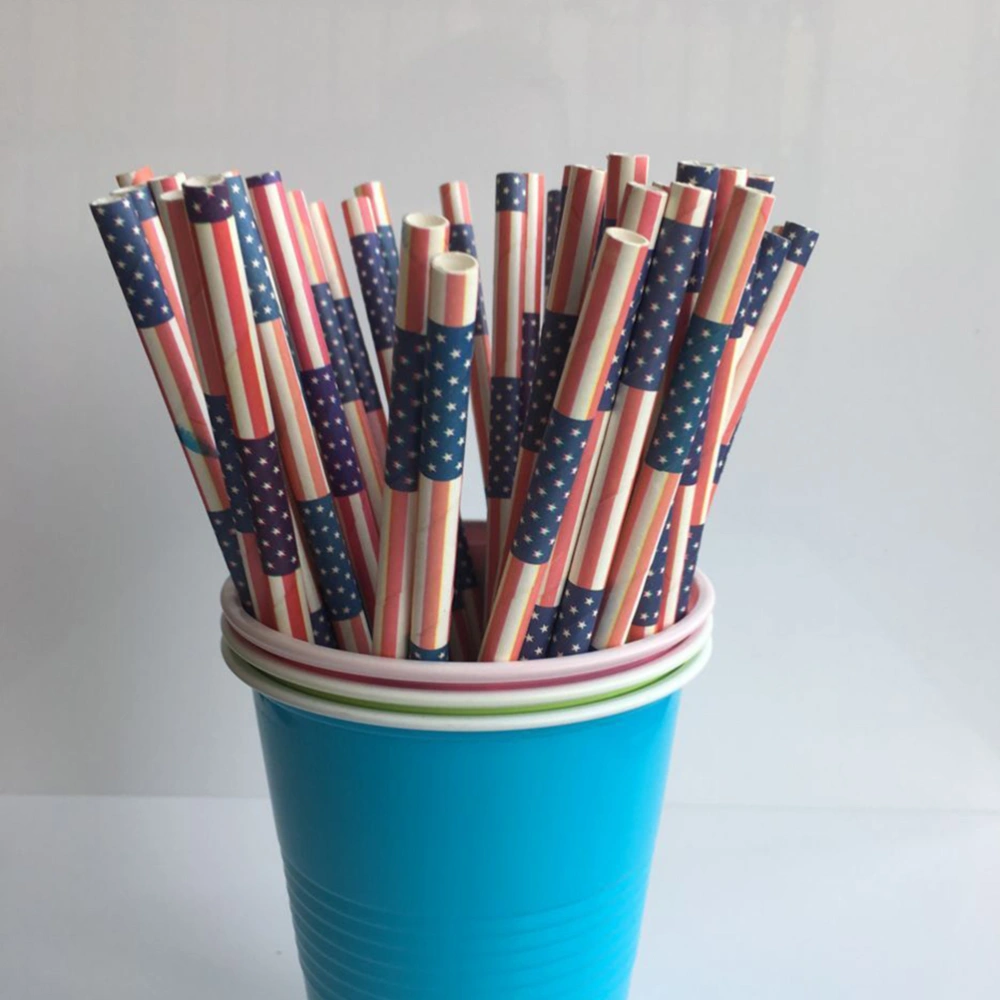 50pcs Biodegradable Paper Drinking Straws Memorial day and 4th of July Celebration Supply (Star and Stripe)