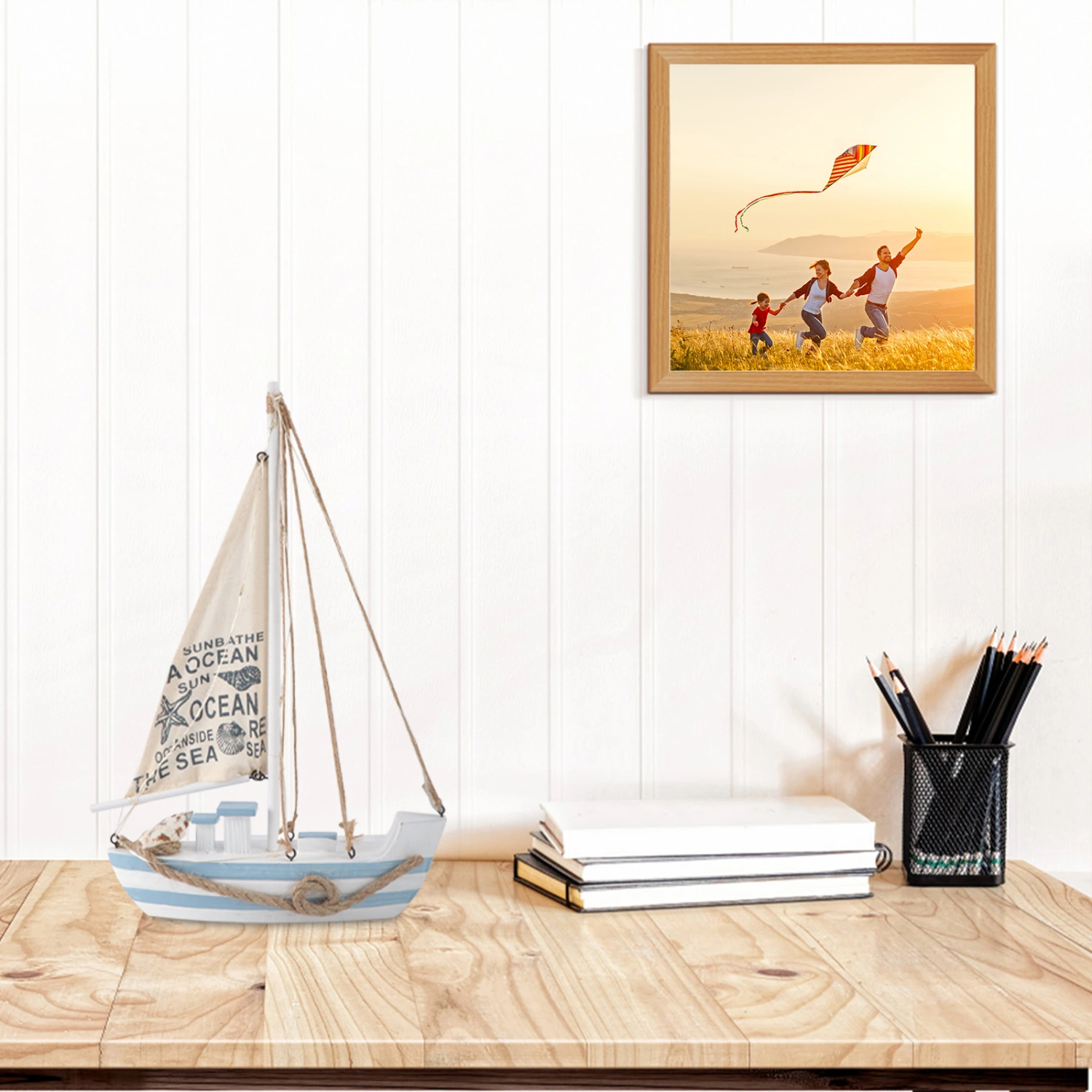 1PC Wooden Sailboat with LED Adornment Mediterranean Style Sailing Boat Model Craft Home Room Decoration (Without Battery)