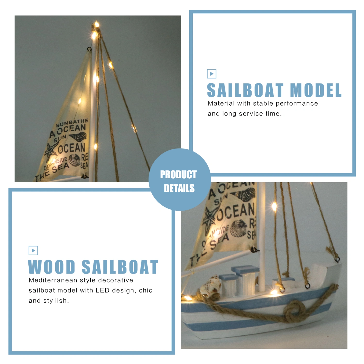 1PC Wooden Sailboat with LED Adornment Mediterranean Style Sailing Boat Model Craft Home Room Decoration (Without Battery)