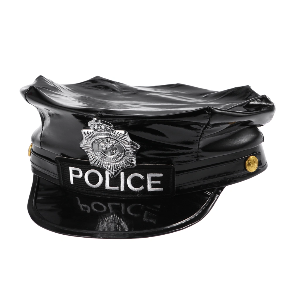 Badge Octagonal Leather Police Hat Black Captain Flat Stage Performance Military Caps (Black)