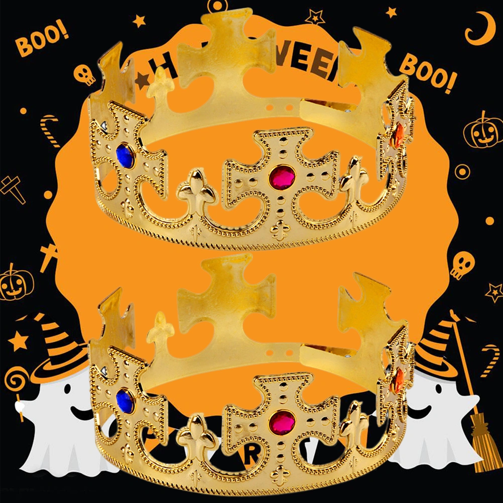 2 Pcs Halloween Party Golden King Crown Plastic Plating Queen Crown Antique Royal Medieval Crown Cross Crown Theater Halloween Prop Birthday Party Favors