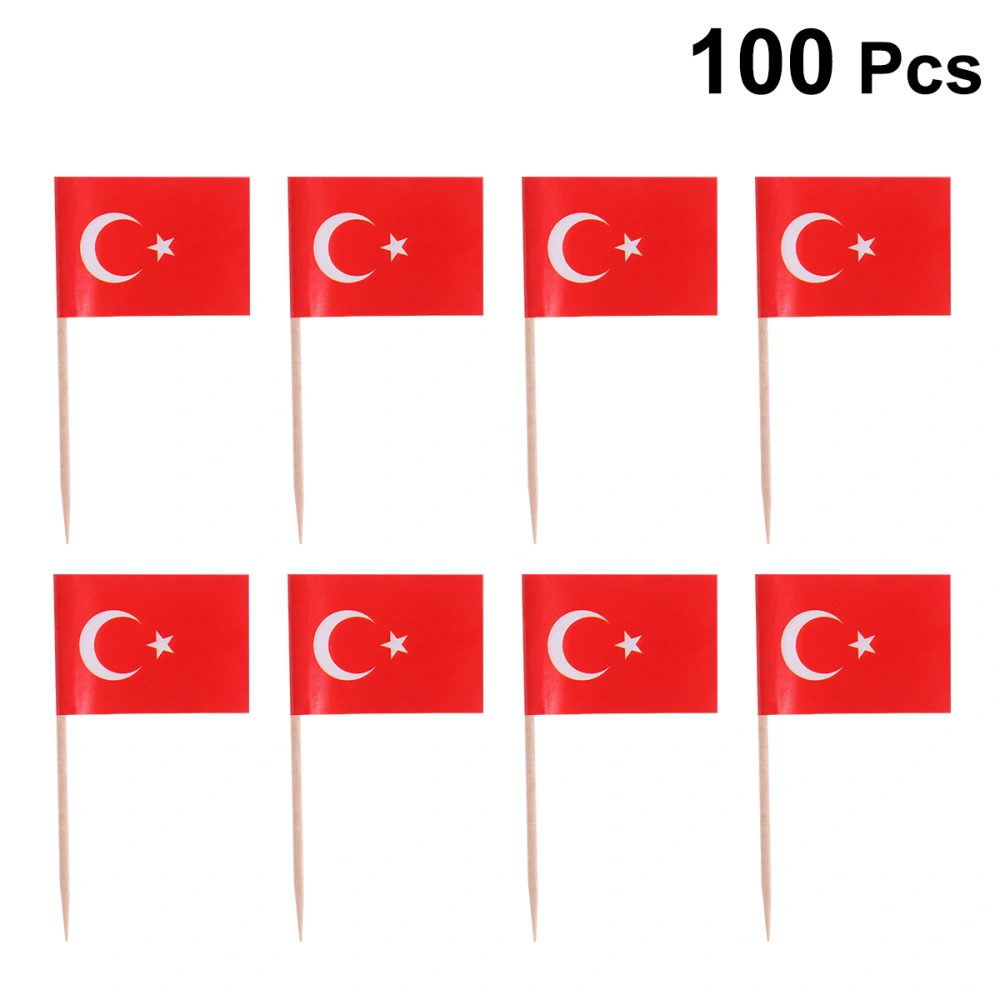 100pcs Wooden Flag Toothpicks National Day Decoration Cupcake Toppers Food Toothpick (Turkey)