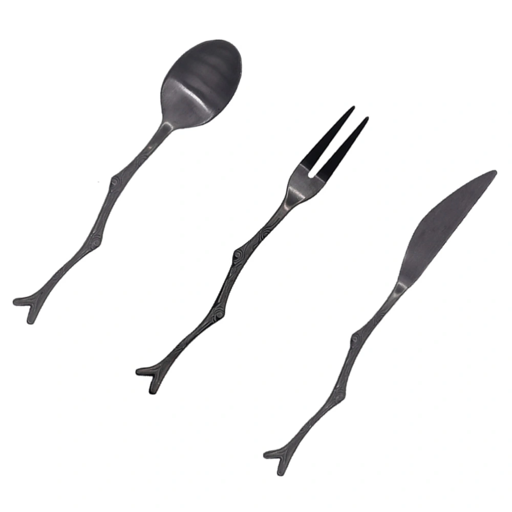 3pcs Spoon Fork Set Stainless Steel Vintage Flatware Tree Branch Design Fruit Cutlery for Home Restaurant (Black)