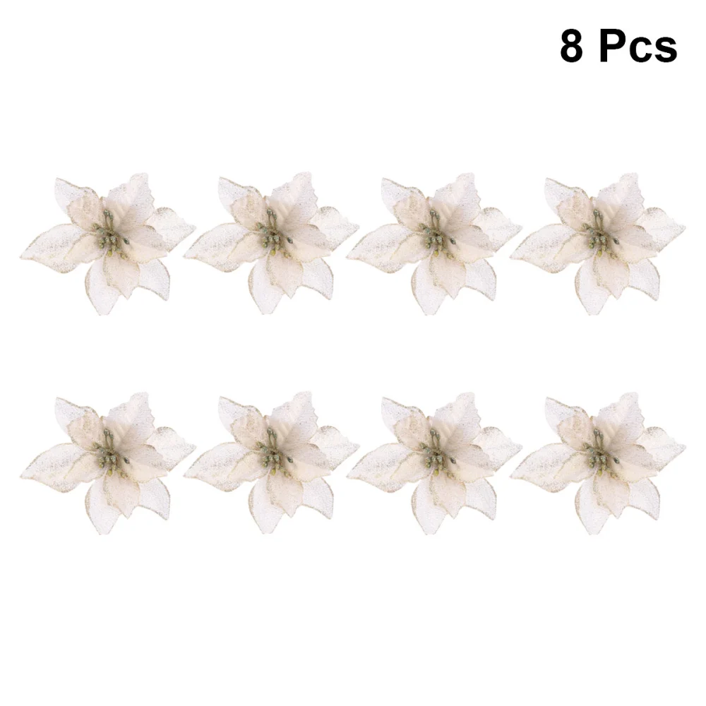 8pcs 13cm Glitter Artificial Wedding Christmas Flowers XMAS Tree Wreaths Decor Ornament (Gold)