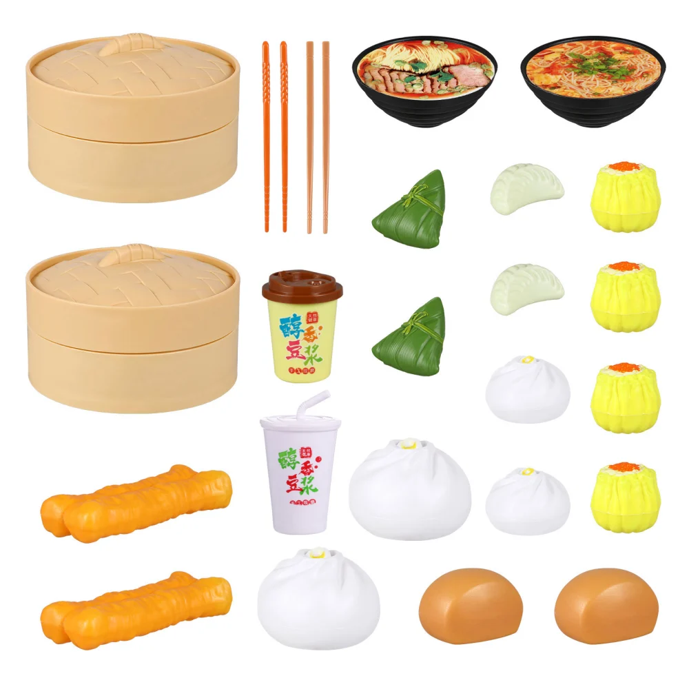 NUOBESTY 2 Sets Kids Pretend Play Toy Kitchen Cooking Toy Steamed Toy Food Chinese Breakfast Food Play Set Random Style