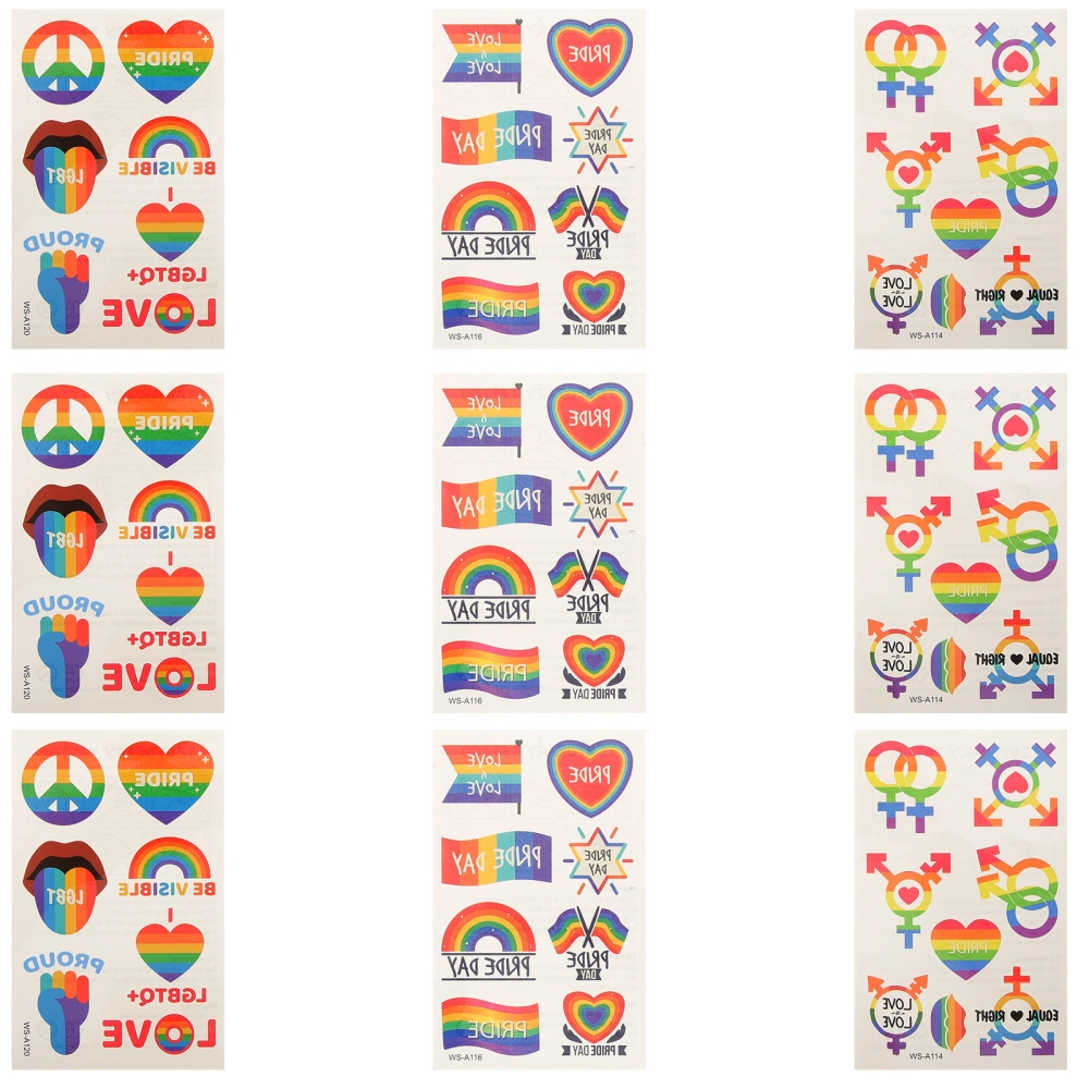 9 Sheets Pride Tattoos Decorative Rainbow Tattoos Stickers LGBT Temporary Tattoos