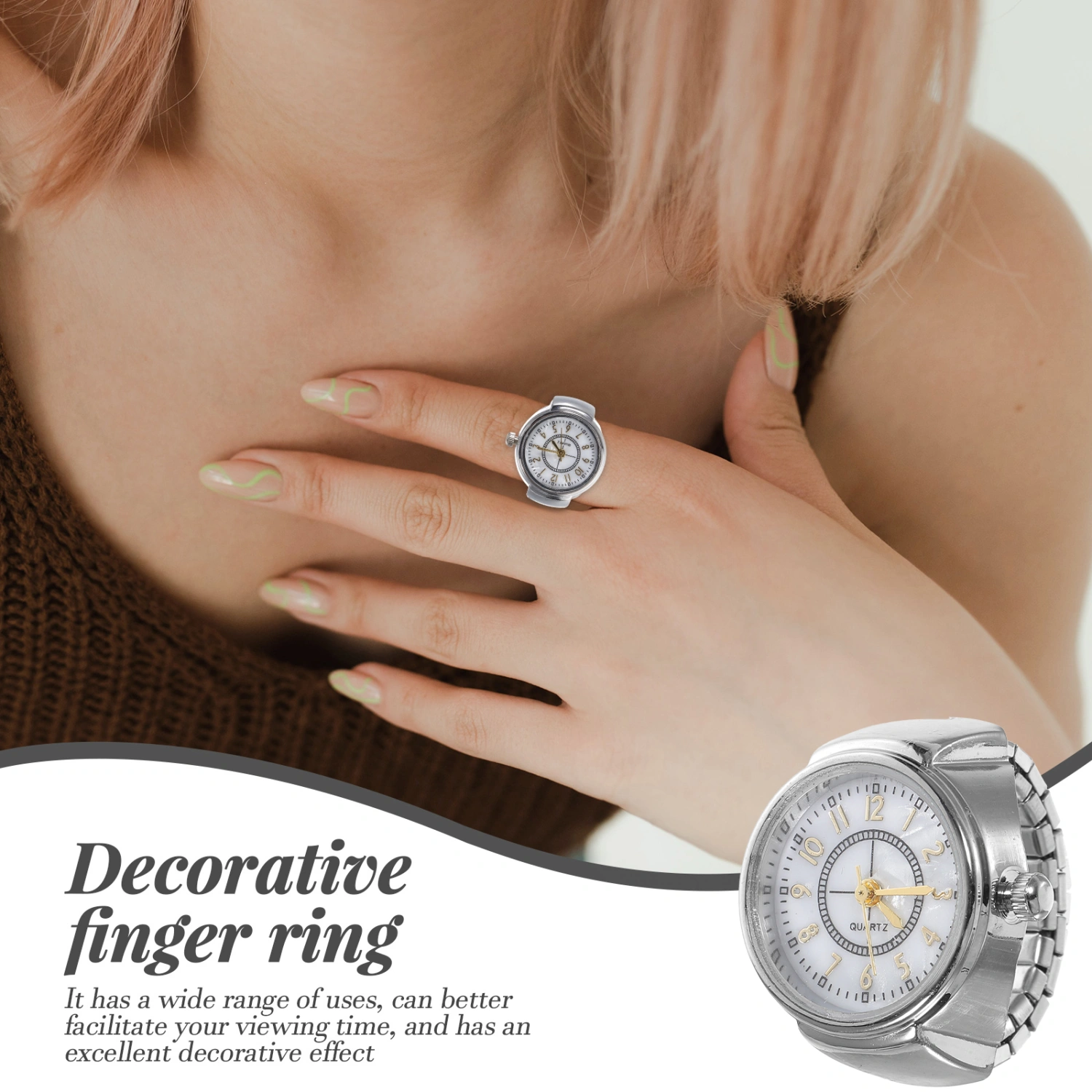 1pc Stylish Finger Watch Fashionable Mini Ring Quartz Watch Jewelry for Women Men (Silver)