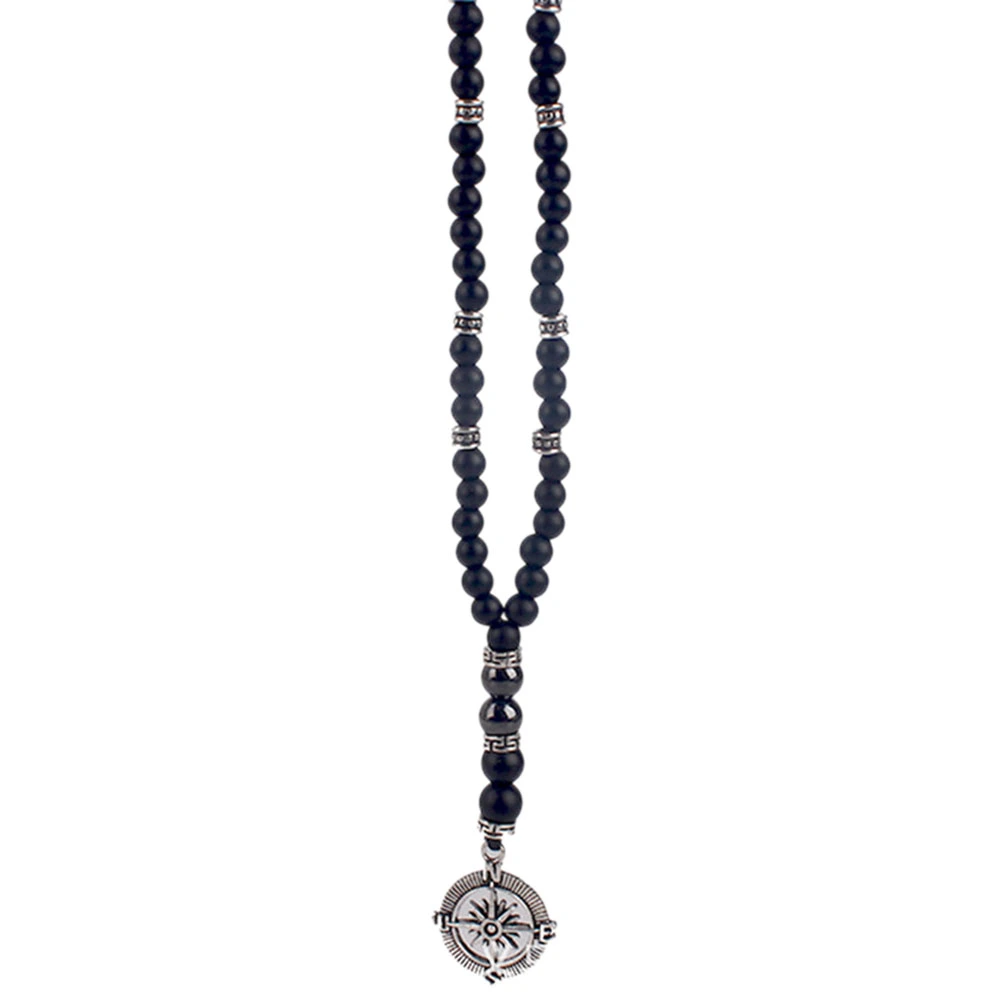 Compass Pendant Necklace Personalized Men Necklace Black Agate Stone Beaded Necklace