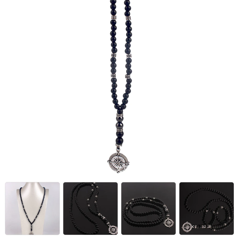 Compass Pendant Necklace Personalized Men Necklace Black Agate Stone Beaded Necklace