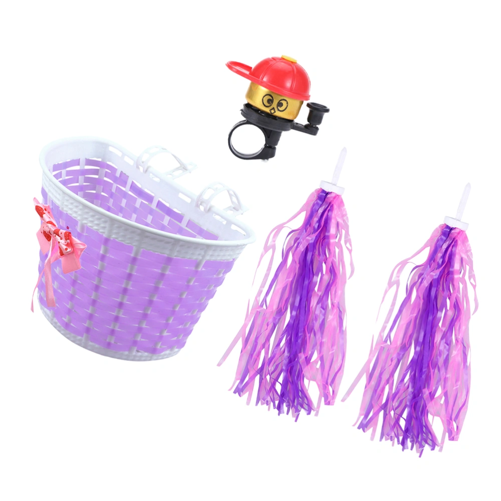 4Pcs Children Bike Handlebar Weave Basket Bell Set Streamers Handlebar Decorative Supplies Bike Accessories for Kids Children (Purple Basket, Purple Streamers, Random Bell Color)