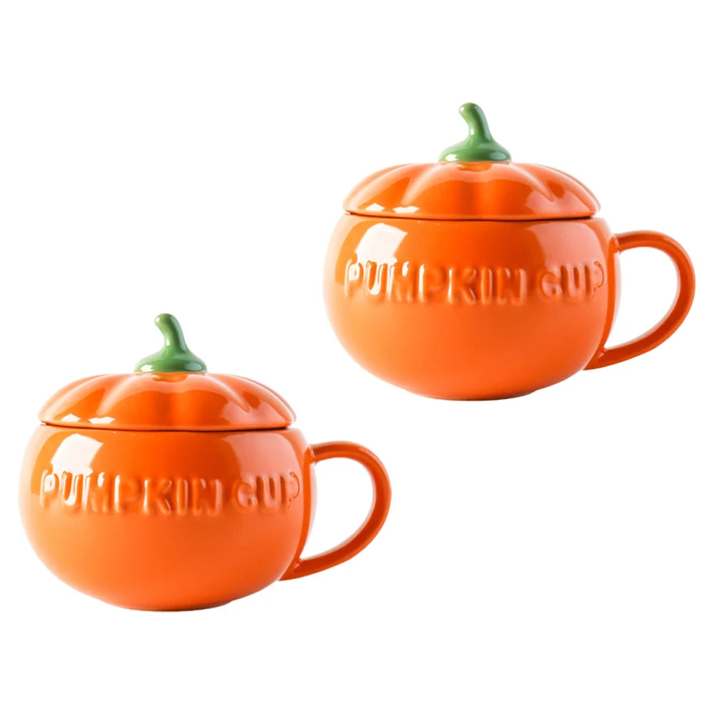 2 Pc Creative Pumpkin Cups Ceramic Cups Halloween Cups with Covers (Orange）