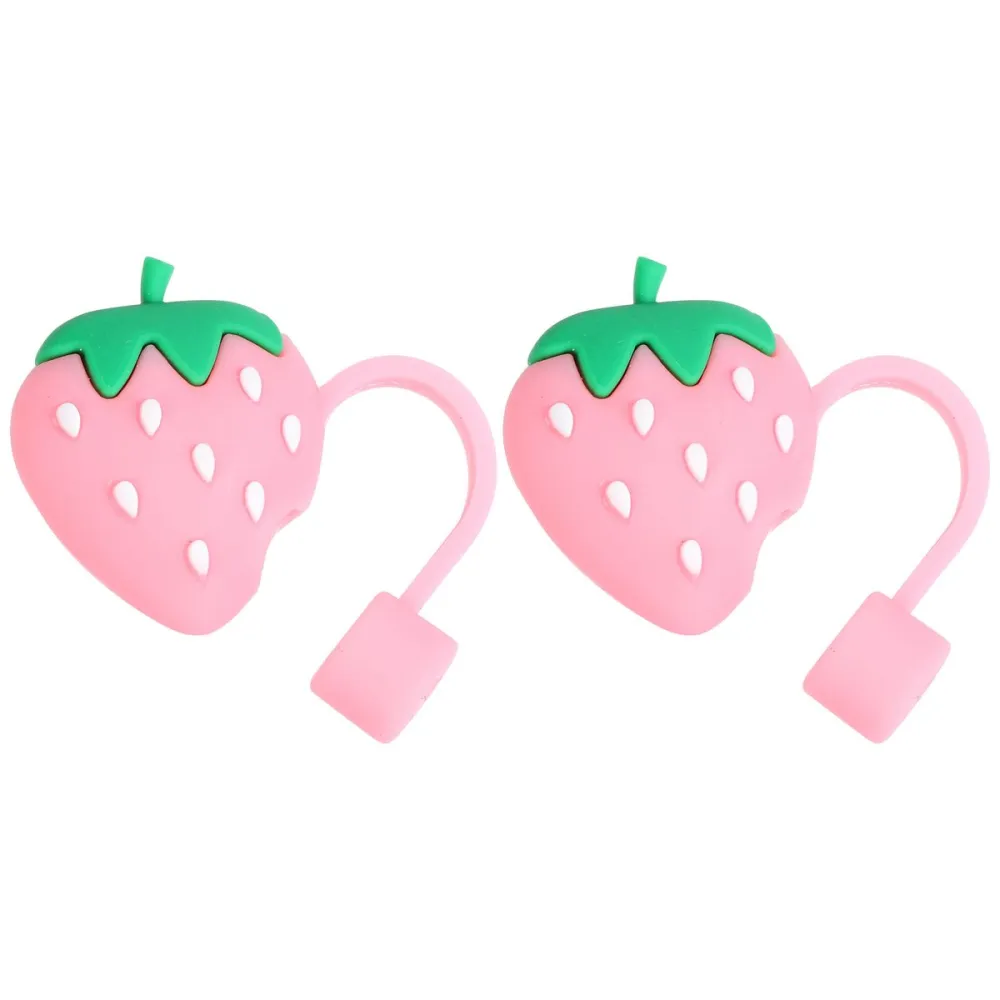 2Pcs Adorable Silicone Straw Dust Plugs Safe Beverage Straw Caps (Strawberry)