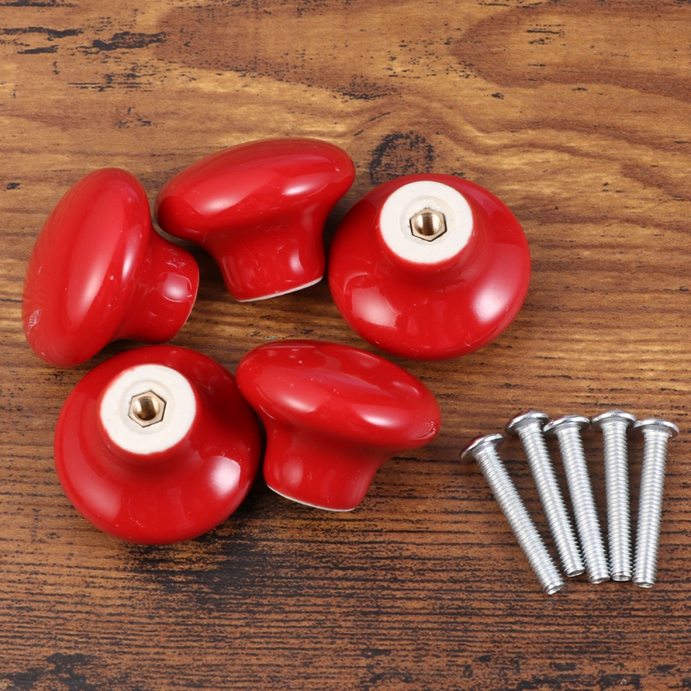 5pcs Durable Round Ceramic Kitchen Cupboard Cabinet Drawer Door Knobs Pull Handles - Size S (Red)