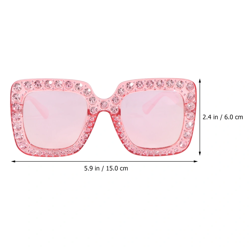 Women Oversized Square Crystal Rhinestone Thick Frame Sunglasses UV Protection Sunglasses (Pink Frame Sakura Pink Lens)