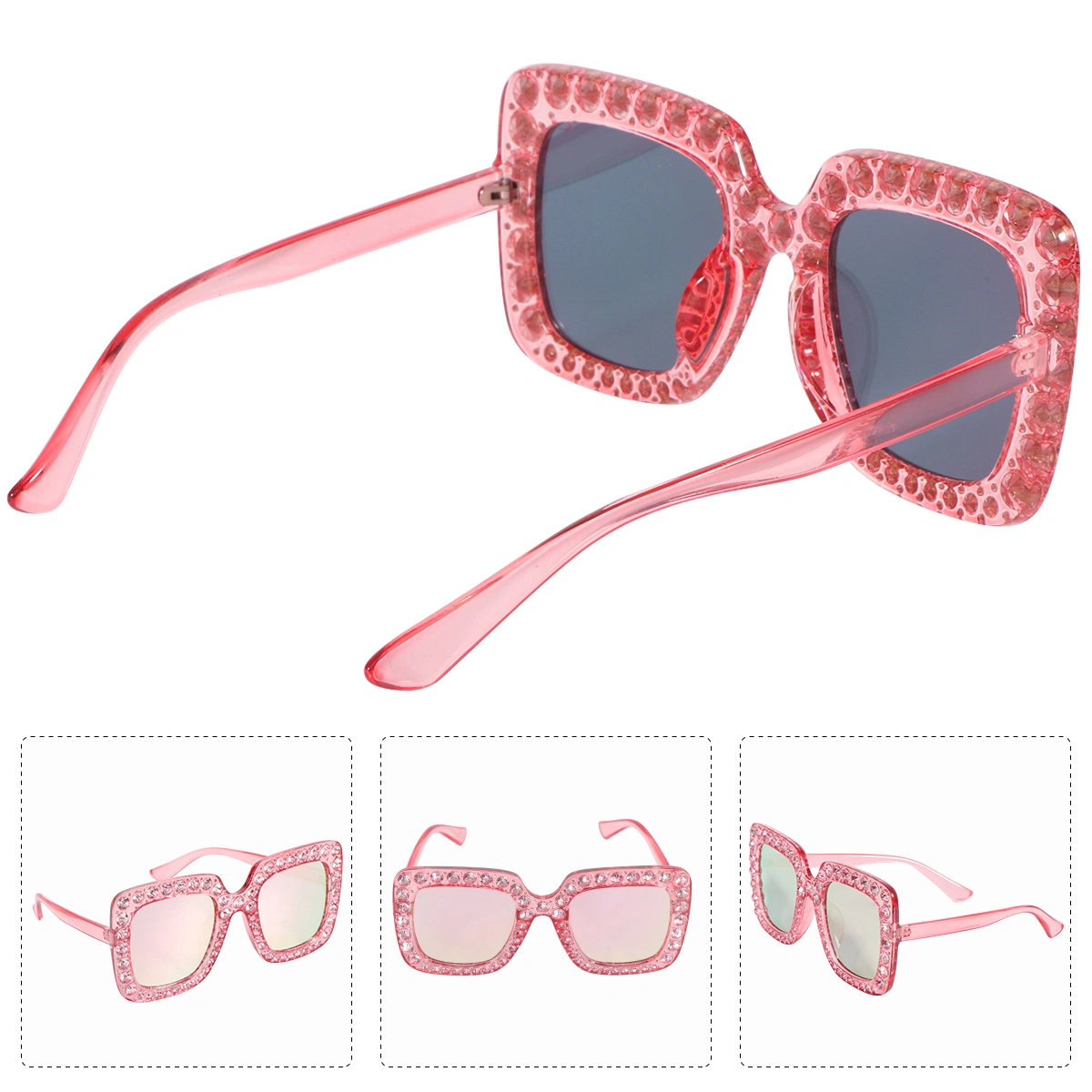 Women Oversized Square Crystal Rhinestone Thick Frame Sunglasses UV Protection Sunglasses (Pink Frame Sakura Pink Lens)